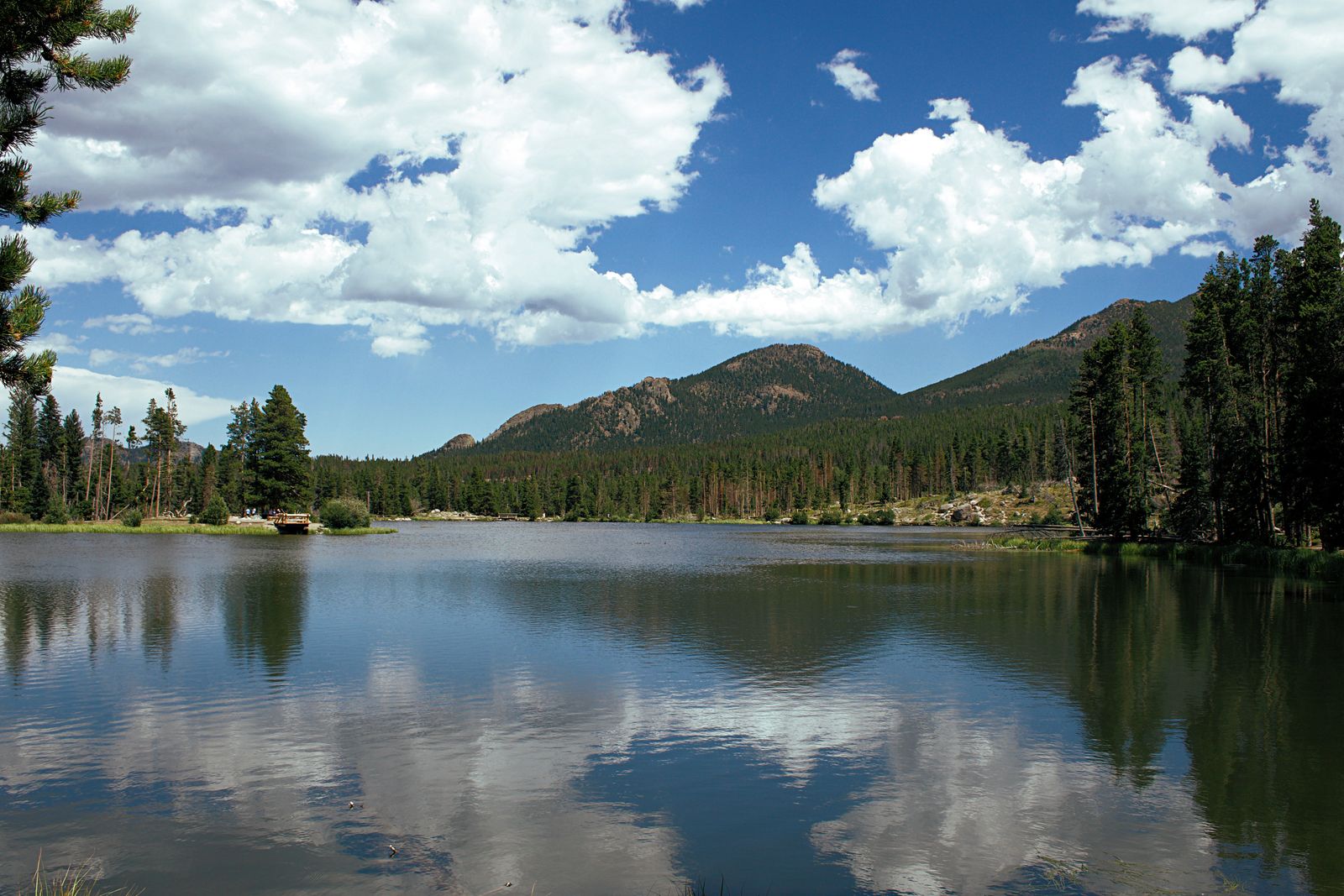 A Colorado alpine lake in the national forest country around Estes Park, where leashed dogs are welcome