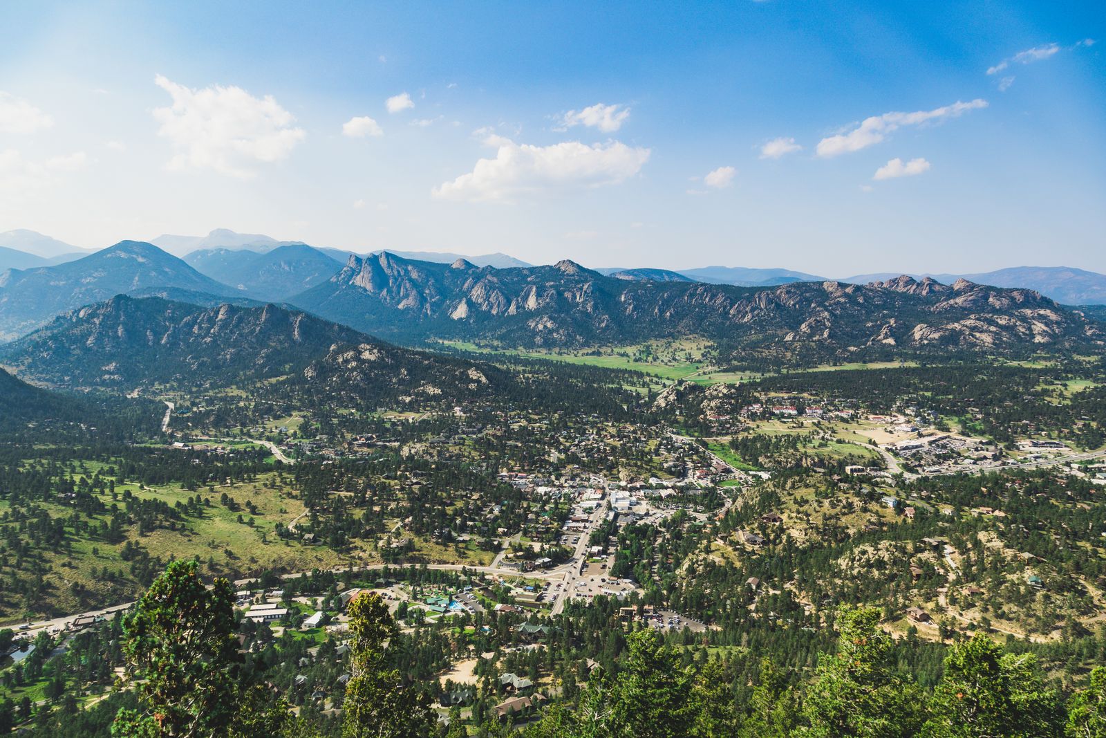 Lake Estes and the town valley below the peaks, home to the dog friendly lake trail and dog park